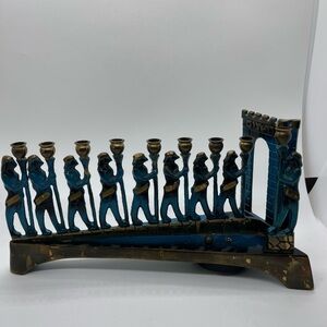 Vintage Judaica Israel NOGA Brass Patina Chanukah Menorah Maccabees Warriors
